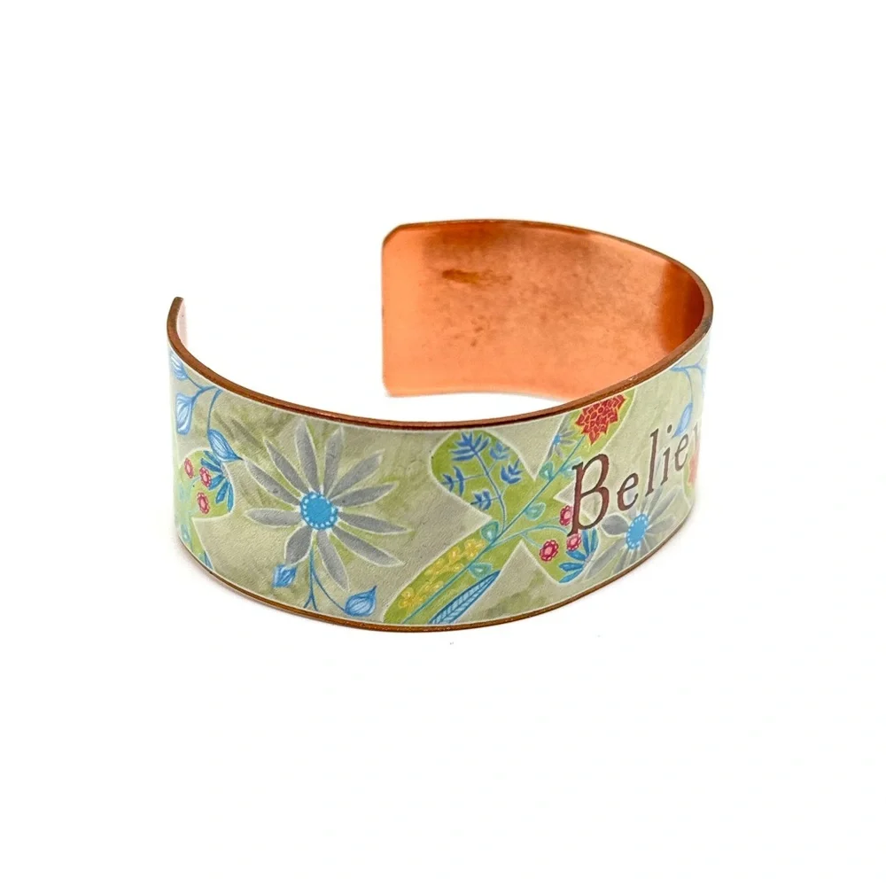 Copper Inspirational Cuff Bracelet Floral Believe